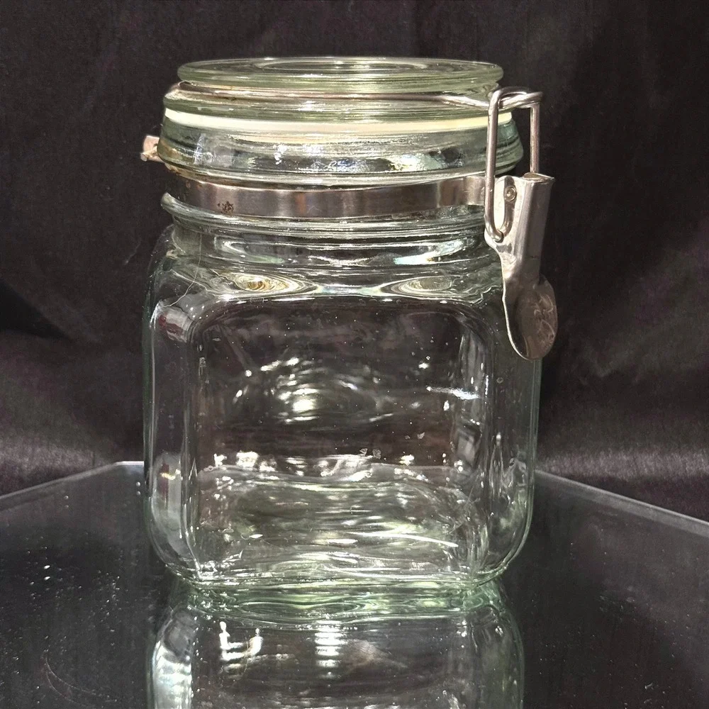 Vintage Italian Clear Square Airtight Glass Jar Wire Bale Clamp Lid Canister